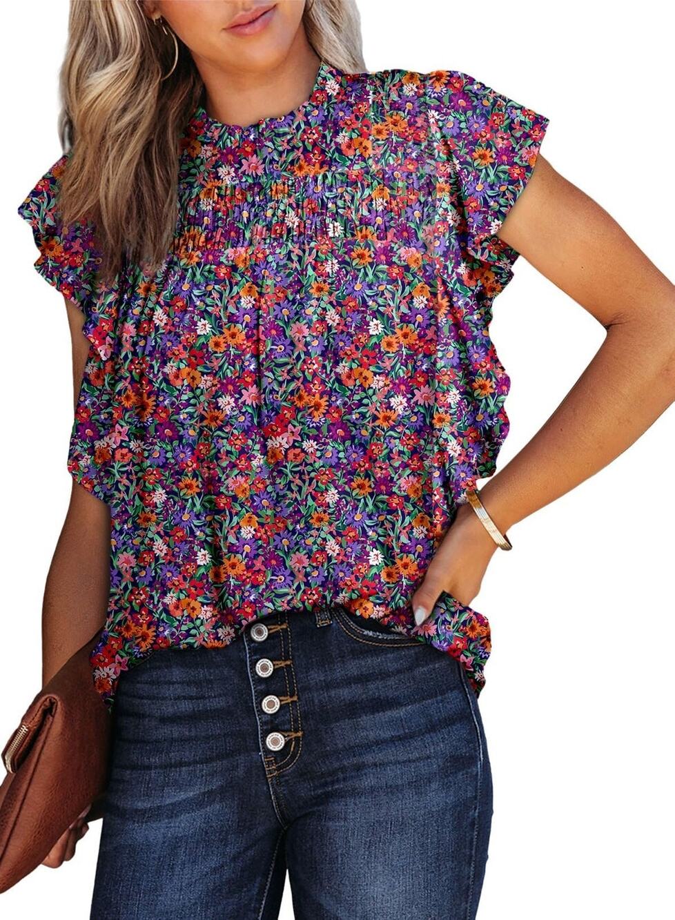 Womens S Mock Neck Smocked Ruffle Sleeve Blouse Multicolor Floral Short Sleeve